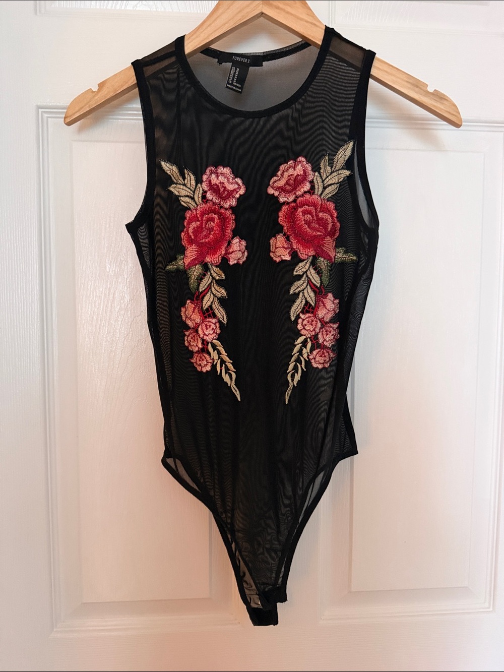 Black Mesh Floral Embroidered Sleeveless Bodysuit Medium